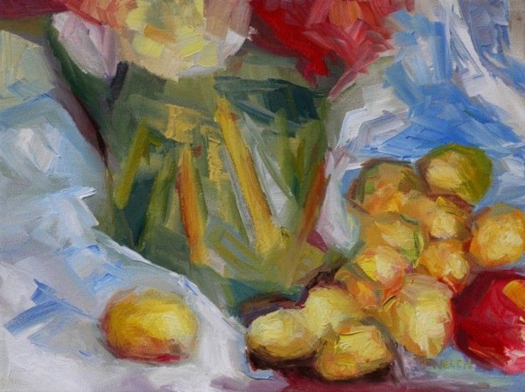 Golden Plums an Apple and a Green Vase by Terrill Welch | Artwork Archive